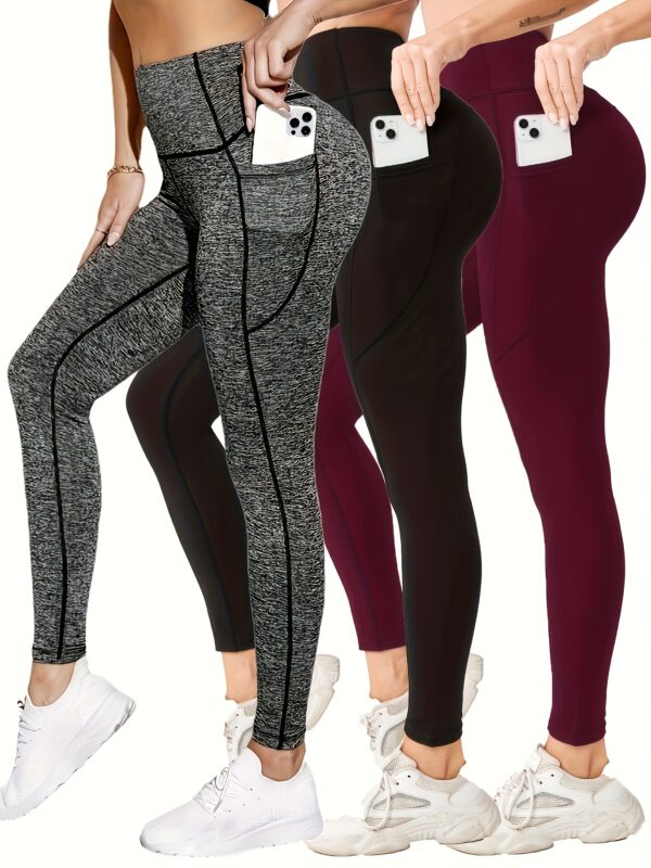 3pcs High-Waist Yoga Leggings with Pockets – Tummy Control, Slimming & Breathable Fabric - Image 4