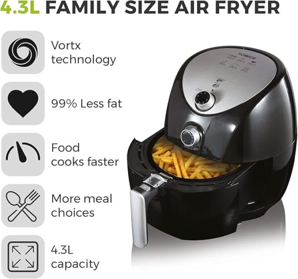 Tower T17021 Family Size Air Fryer with Rapid Air Circulation, 60-Minute Timer, 4.3L, 1500W, Black - Image 5