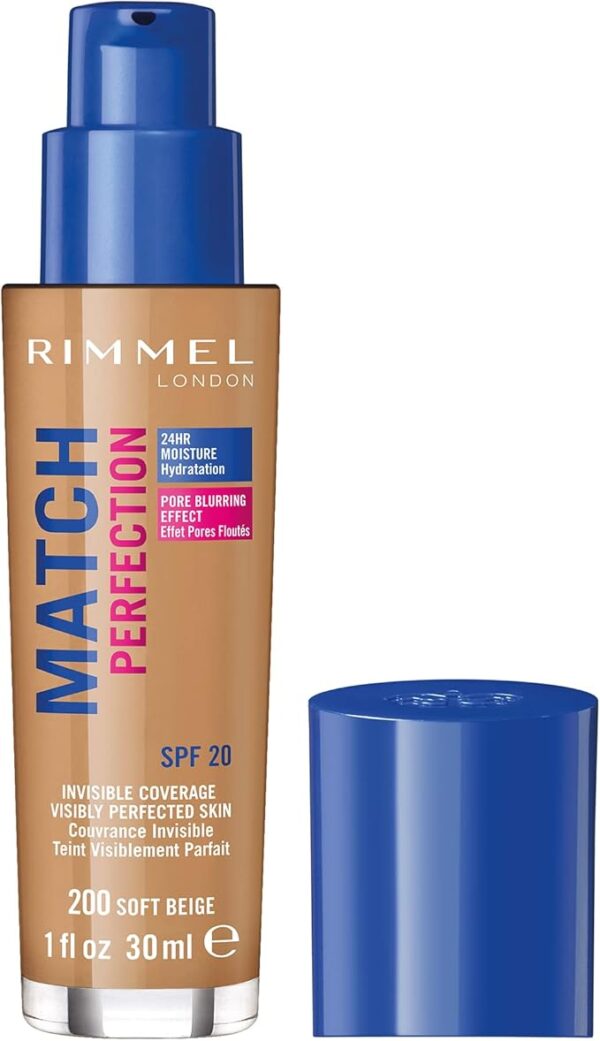 Rimmel Match Perfection Foundation 200 Soft Beige, Medium Coverage, 24hr Hydration, No Caking or Creasing, Lightweight, Reduces Imperfections, Invisible Coverage, SPF20, Cruelty Free