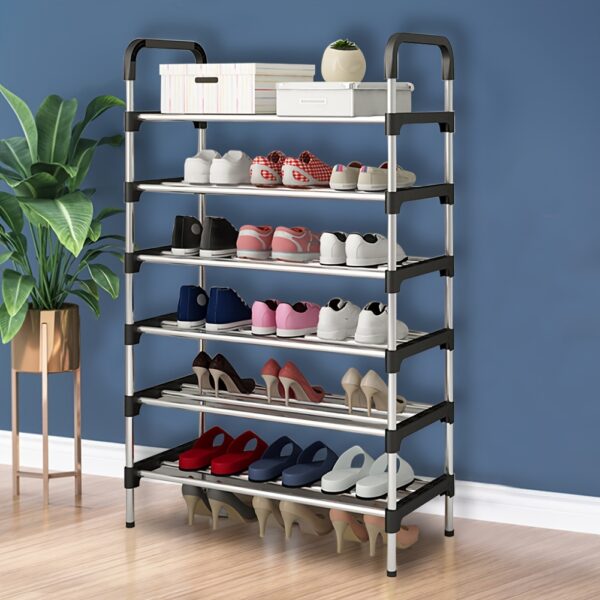 1PC 6 Tier Metal Shoe Rack Tall Storage Stand Footwear Plant Display Door Hallway Black - Image 2