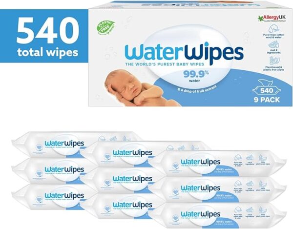 WaterWipes Baby Wipes 9x60 Pack Sensitive Newborn Biodegradable Unscented, 99.9% water (540 Wet Wipes), White (Packaging may vary) - Image 5