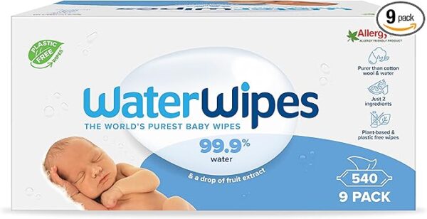 WaterWipes Baby Wipes 9x60 Pack Sensitive Newborn Biodegradable Unscented, 99.9% water (540 Wet Wipes), White (Packaging may vary)