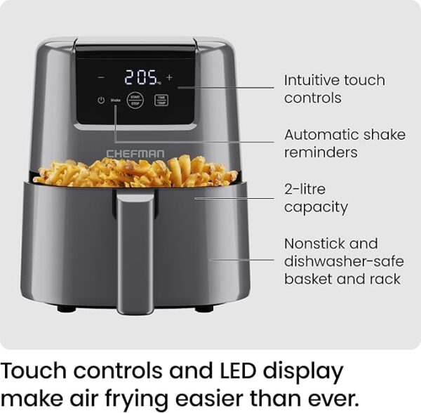 Chefman 2L Mini Air Fryer – Digital Space-Saving Compact Air Fryer with Nonstick and Dishwasher Safe Basket, Quick & Easy Meals in Minutes, Features Digital Timer and Shake Reminder – Grey - Image 5