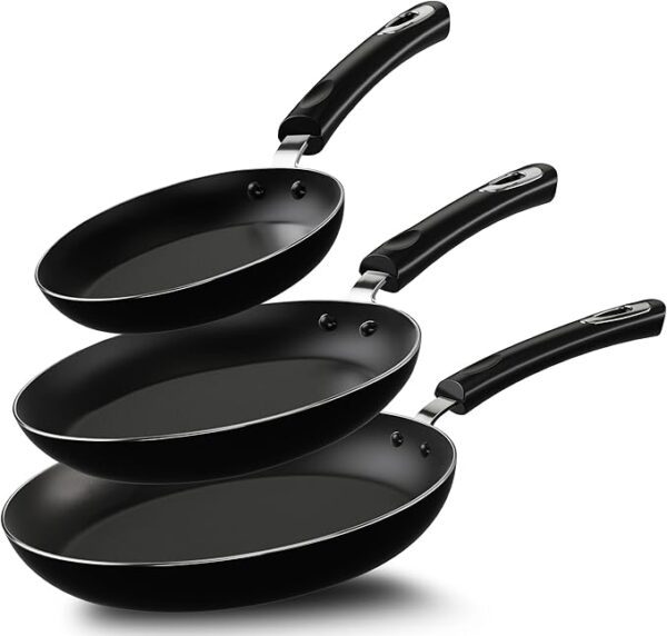 KICHLY Induction Hob Pan Sets Non Stick, 3 Pcs Fryingpans, Professional Chefs Kitchen Cookware, 20cm, 24cm, and 28cm (Black, 1 Pack of 3)