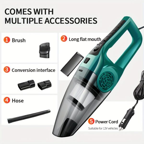 12V Handheld Car Vacuum Cleaner – Strong Suction, Portable Dust Remover for Pet Hair, Crevice Tool & Flat Nozzle - Image 2