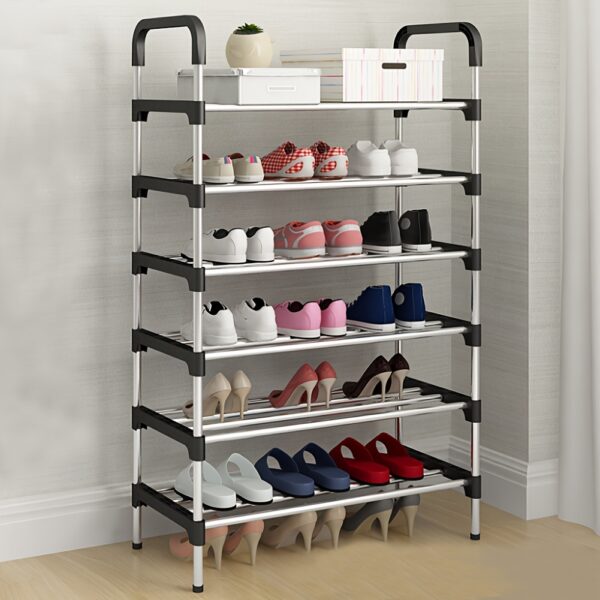 1PC 6 Tier Metal Shoe Rack Tall Storage Stand Footwear Plant Display Door Hallway Black