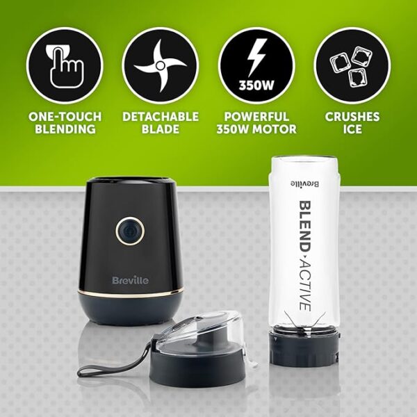 Breville Blend Active Personal Blender & Smoothie Maker | 350W | 1 Portable Blend Active Bottle (600ml) | Leak Proof Lid | Black & Gold [VBL251] - Image 4